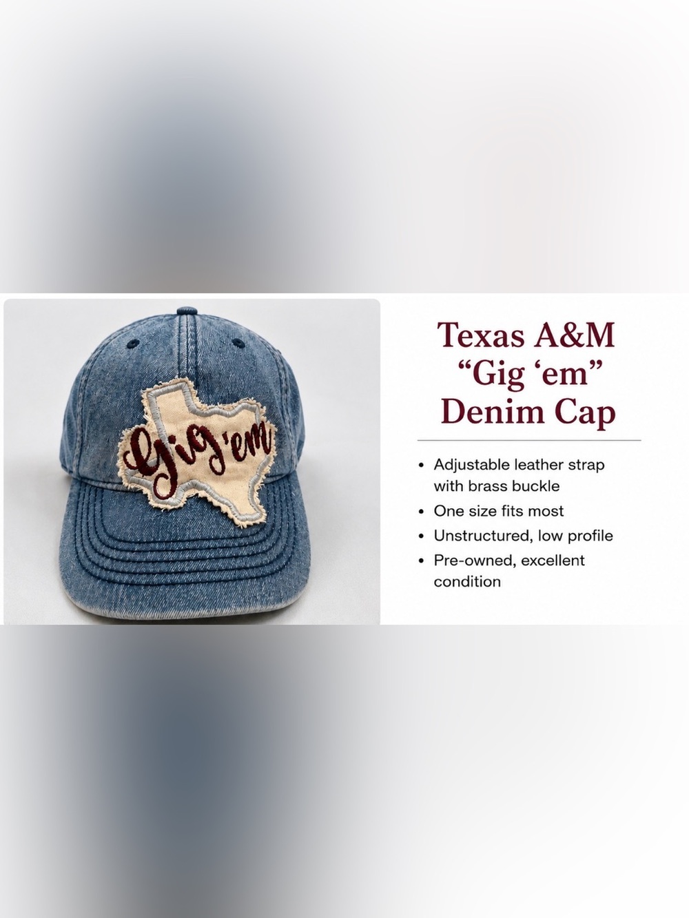 Texas A&M Denim vintage inspired cap. Adjustable strap. EUC.